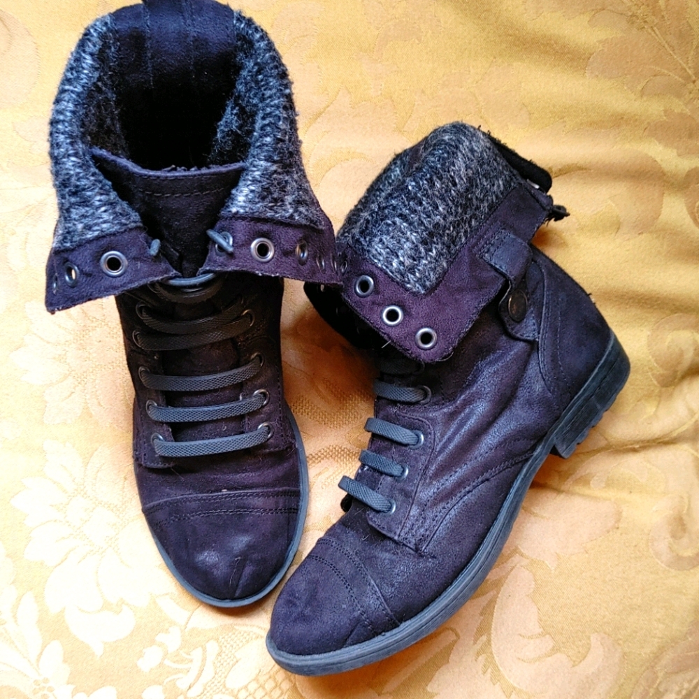 Fold over black faux suede boots